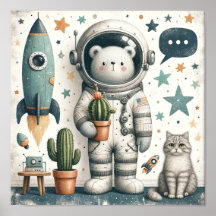 Space Cactus Ours Enfants Salle Mur Art