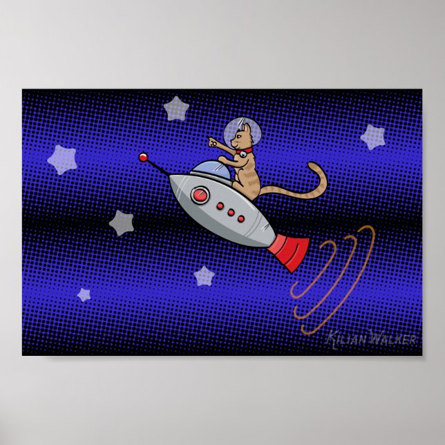 Affiche Space Cat sur une Rocketship rétro (Devant)
