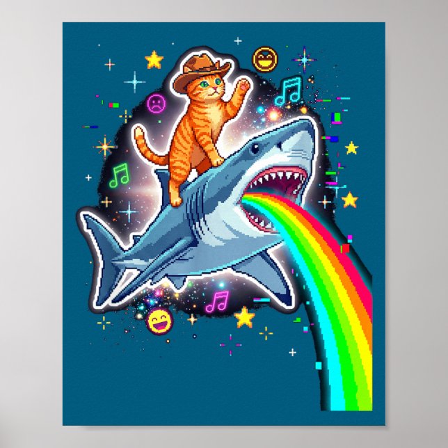 Affiche Space Cowboy Cat Riding Shark Rainbow Xel Art  (Devant)