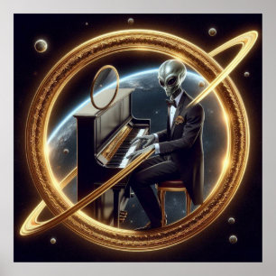 Affiche Space Homme Alien Jouer Piano Black Tuxedo
