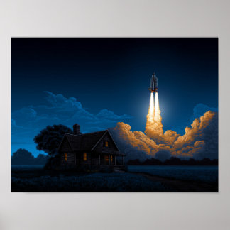 Affiche Space Shuttle Rocket Launch At Night Behind Farmho