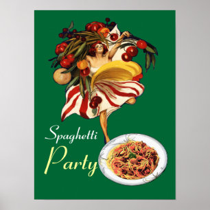 AFFICHE SPAGHETTI PARTY DANCE, CUISINE ITALIENNE ET TOMATE
