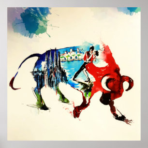 Affiche Spain Bull Vintage Travel Love Watercolor