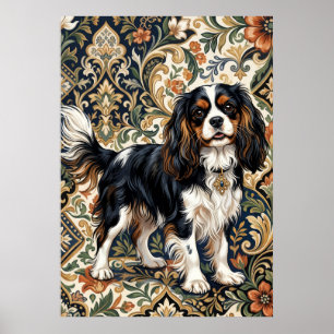 Affiche Spaniel Cavalier Tricolore Art Floral Orné