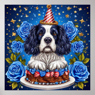 Affiche Spaniel Chien Célébrant un Anniversaire avec un Ch