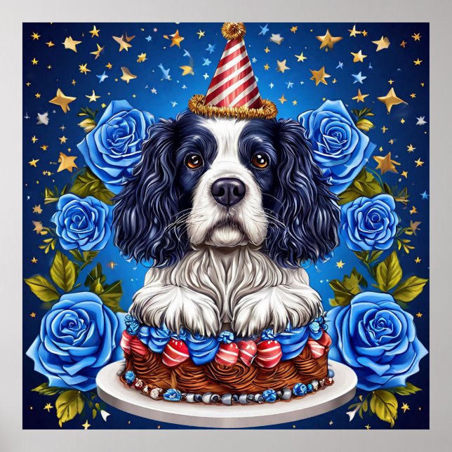 Affiche Spaniel Chien Célébrant un Anniversaire avec un Ch (Devant)