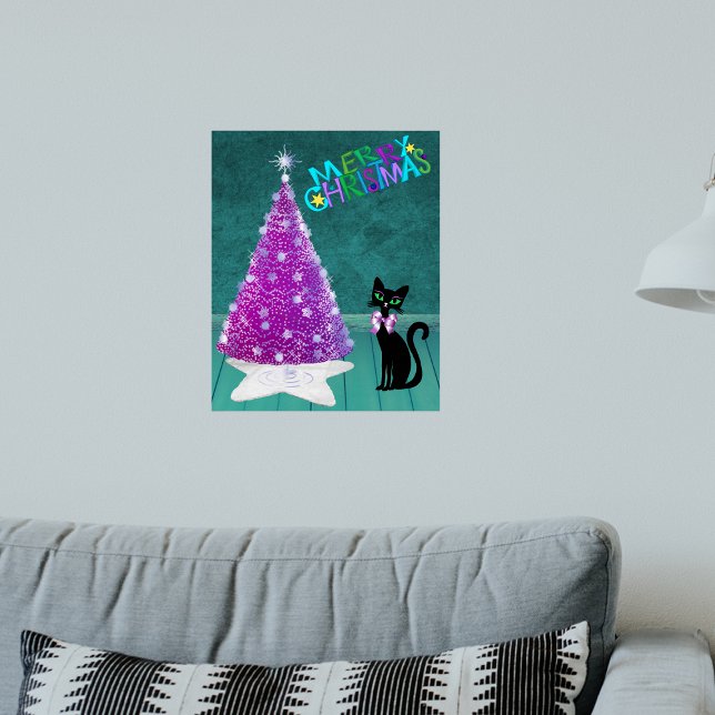 Affiche Sparkle Pink Silver Tree Merry Christmas Black Cat (Sparkle pink silver tree black cat with bow in Teal room on Merry Christmas poster.)