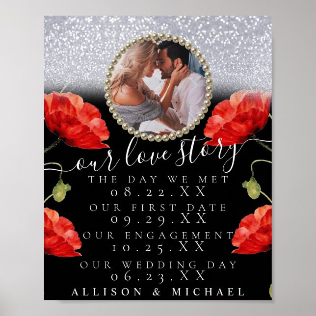 Affiche Sparkly Floral Photo Our Love Story Mariage Sign (Devant)