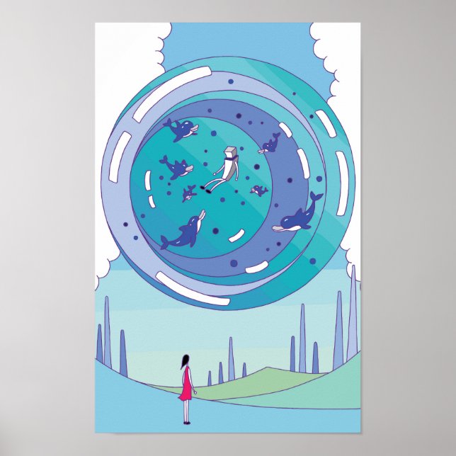 Affiche Sphère flottante avec des dauphins nageant à l'int (Devant)