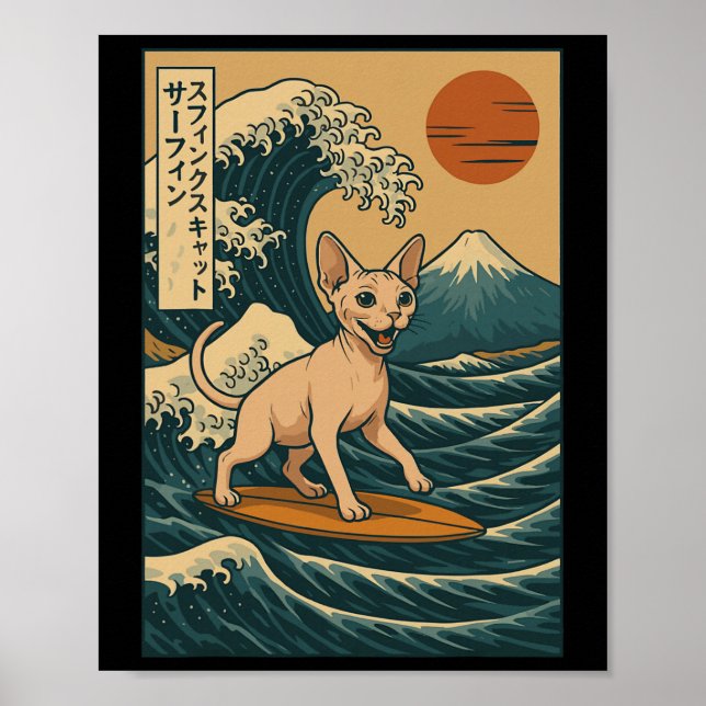 Affiche Sphynx Cat Surfing Japanese Wave Great Wave Kawaii (Devant)