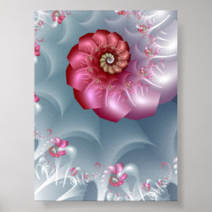 Affiche Spirale fractale de rose argentée en rose et gris
