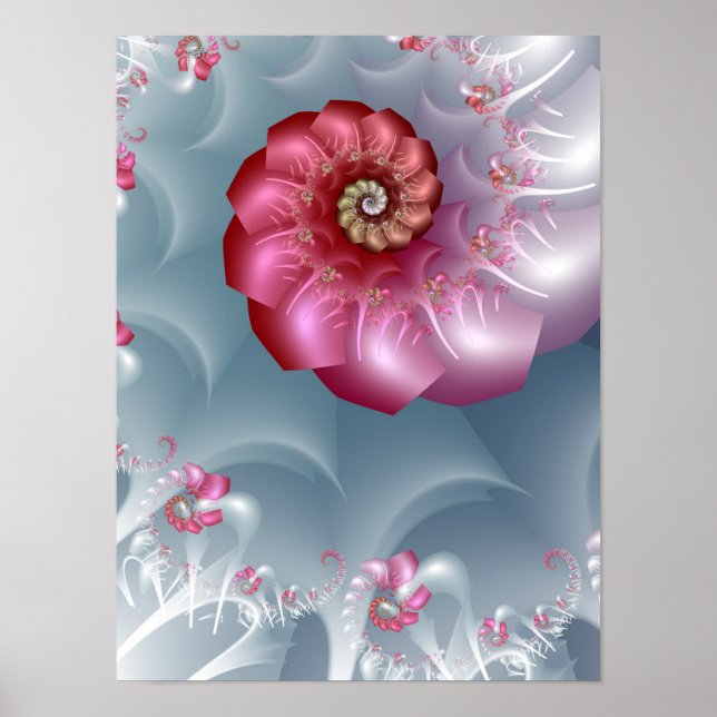 Affiche Spirale fractale de rose argentée en rose et gris (Devant)