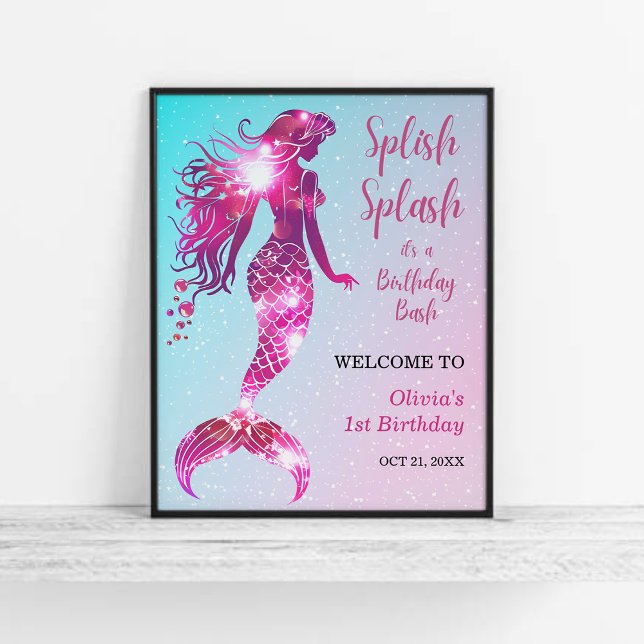 Affiche Splish Splash Mermaid Girl 1er anniversaire Bienve (Splish Splash Mermaid Girl 1st Birthday Welcome Sign )