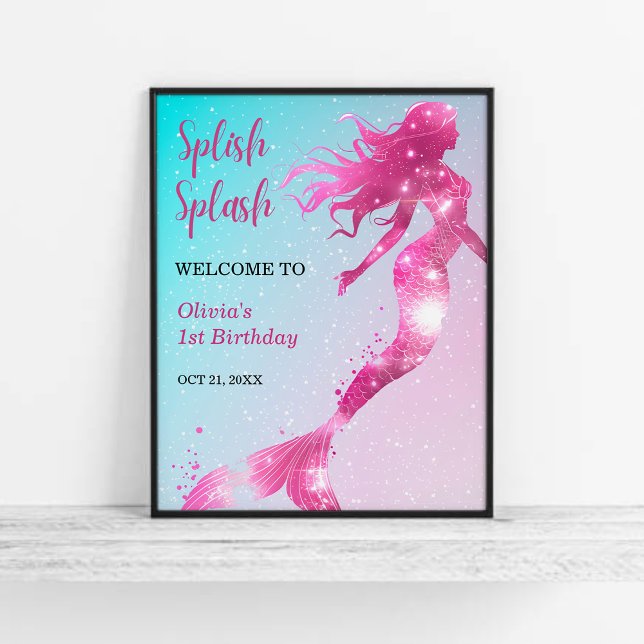 Affiche Splish Splash Mermaid Girl 1er anniversaire Bienve (Splish Splash Mermaid Girl 1st Birthday Welcome Sign )