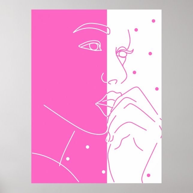 Affiche Split Face Pink and White Polka Dot Line Art (Devant)