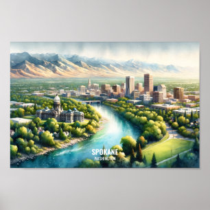 Affiche Spokane Washington Famous Travel Places aquarelle
