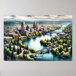 Affiche Spokane Washington Famous Travel Places aquarelle