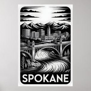 Affiche Spokane Washington Skyline Noir et Blanc Gravure s