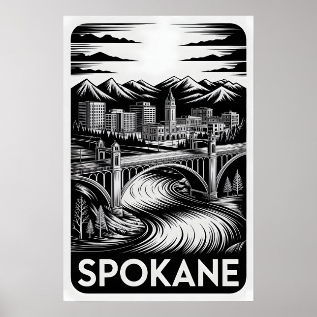 Affiche Spokane Washington Skyline Noir et Blanc Gravure s (Devant)