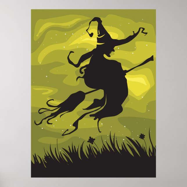 Affiche Spooky Halloween Witch Flying on Broomstick (Devant)