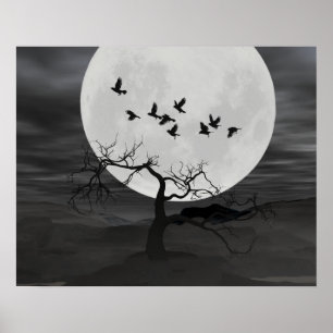 Affiche Spooky Ravens Flying Against the Full Moon