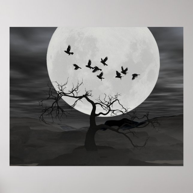 Affiche Spooky Ravens Flying Against the Full Moon (Devant)