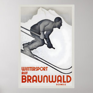 Affiche Sport d'hiver à Braunwald Suisse Ski vintage