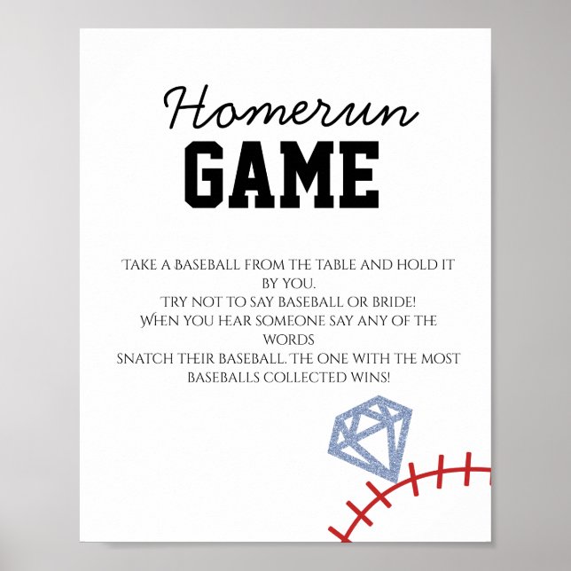 Affiche Sports Baseball Homerun Glitter Bridal Shower Game (Devant)