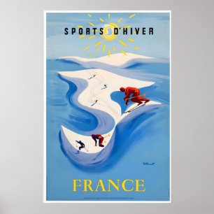 Affiche Sports d'hiver Alpes Montagnes en France Vintage S