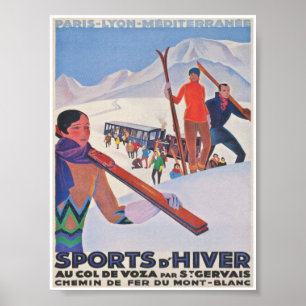 Affiche Sports d'hiver D'Hiver en France Ski Vintage