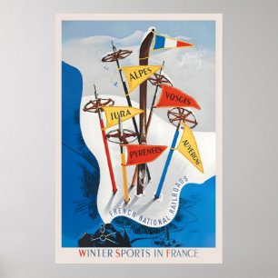 Affiche Sports d'hiver en France Jura Alpes Vosges Pyrénée