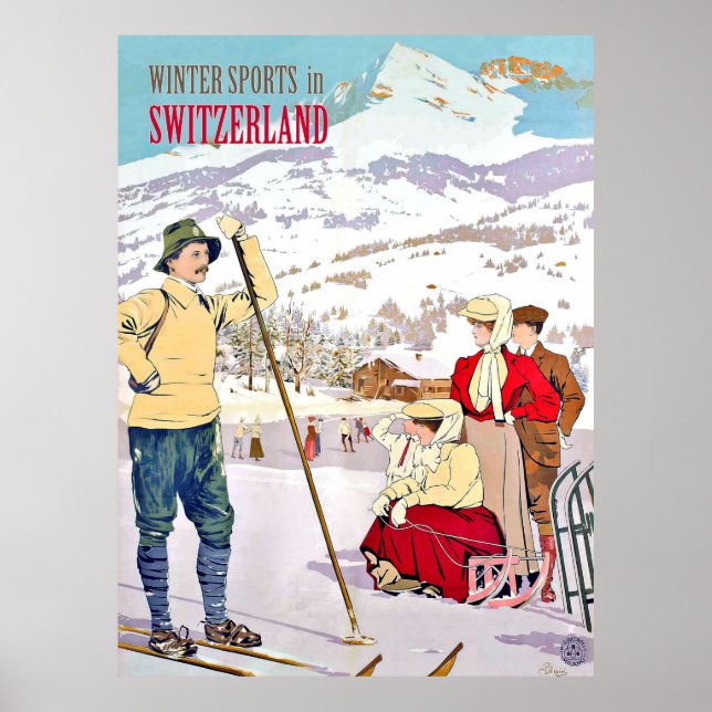 Affiche Sports d'hiver en Suisse, voyage vintage (Devant)