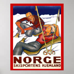 Affiche Sports d'hiver vintages, Norvège, sport de ski de