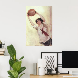 Affiche Sports vintages, Joueuse de basket-ball avec balle