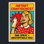 Affiche Spray de confiance instantanée - Pop Art Emaîtrise<br><div class="desc">Libérez votre puissance intérieure avec cette audacieuse peinture murale de style comique mettant en scène une femme souriante en robe rouge pois-pois brandissant une boîte magique. Avec des graphismes explosifs et un texte enjoué, cette pièce d'inspiration rétro est parfaite pour les vestiaires, les salons ou tout espace qui célèbre l'amour...</div>