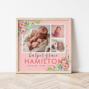 Affiche Spring Garden Baby Girl Birth Stats Photo Collage