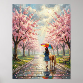 Affiche Spring - Girl with Umbrella and Pony in Rainy Park