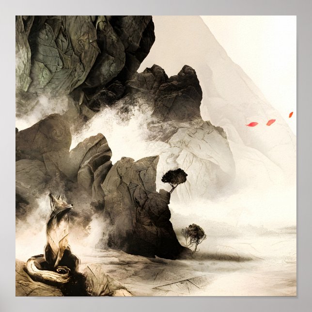 Affiche Spring Mystic Fox Misty Mountain Minimalist Zen (Devant)