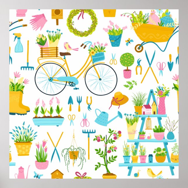 Affiche Spring seamless pattern in simple hand-drawn carto (Devant)