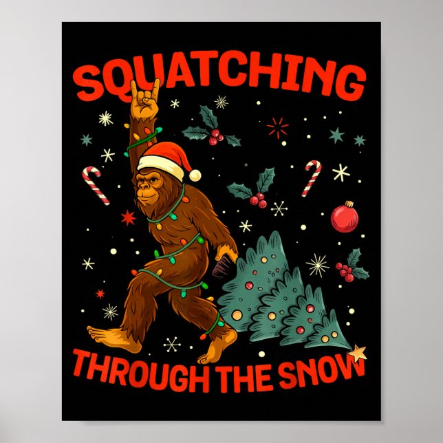 Affiche Squatching Through The Snow Funny Bigfoot Rock On  (Devant)