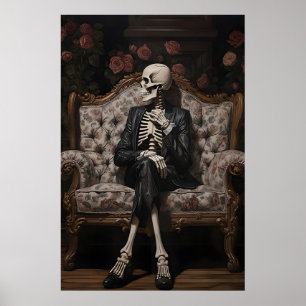Affiche Squelette assis sur un canapé imprimé, floral vict