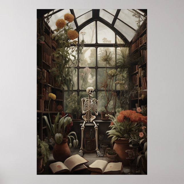 Affiche Squelette dans une bibliothèque botanique abandonn (Devant)
