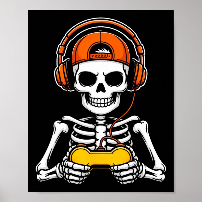 Affiche Squelette de joueur drôle d'Halloween Manette de j (Devant)