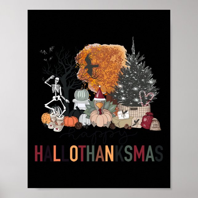 Affiche Squelette de Joyeux Hallothanksmas Dinde Noël Hal (Devant)