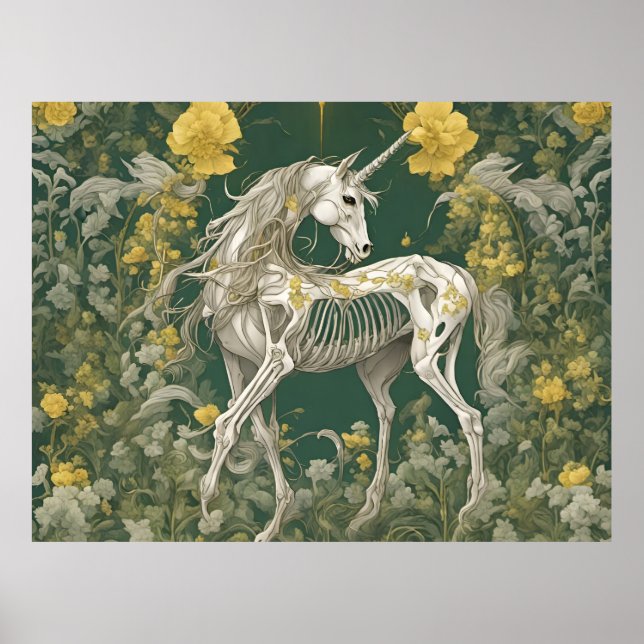 Affiche Squelette de licorne dans les fleurs jaunes (Devant)