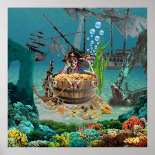 AFFICHE SQUELETTE DE PIRATE DANS UN TONNEAU