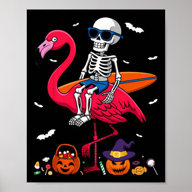 Affiche Squelette de surf chevauchant un flamant rose surf (Devant)