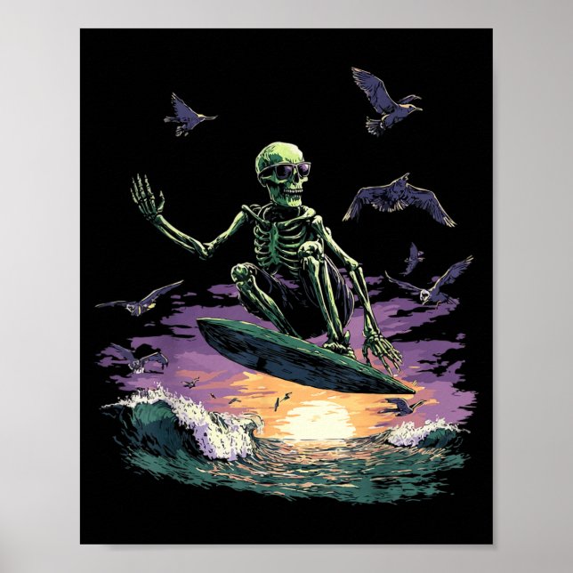 Affiche Squelette de surf rétro surfant sur une vague au c (Devant)