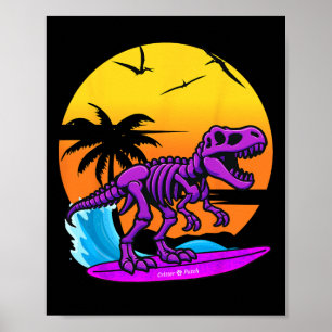 Affiche Squelette de T-rex au surf néon avec rétro plage v