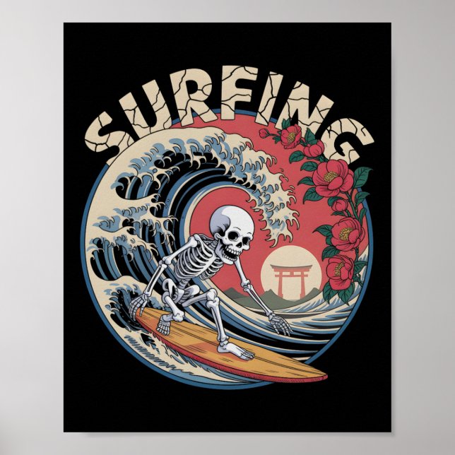Affiche Squelette de tsunami surfant mignon Dia De Los Mue (Devant)